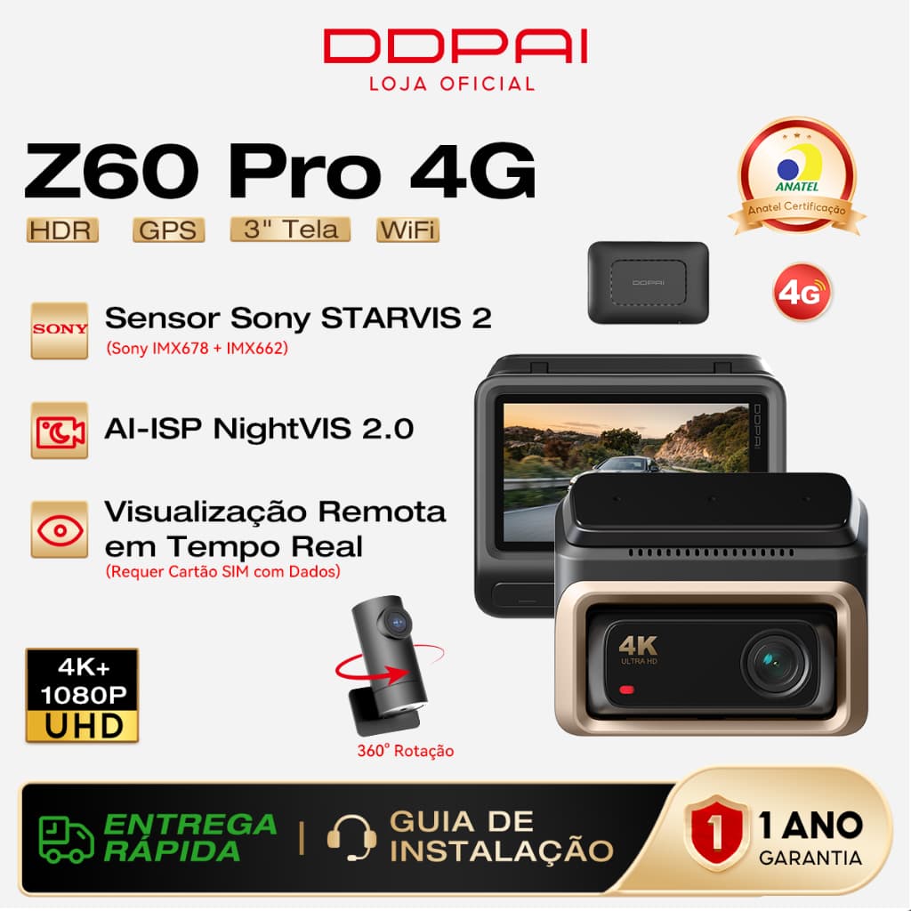 Câmera Veicular DDPAI Z60 Pro 4G Monitoramento Remoto 4K+ 1080P HDR Visão Noturna STARVIS 2 IMX678 WiFi 5G GPS 3" Tela