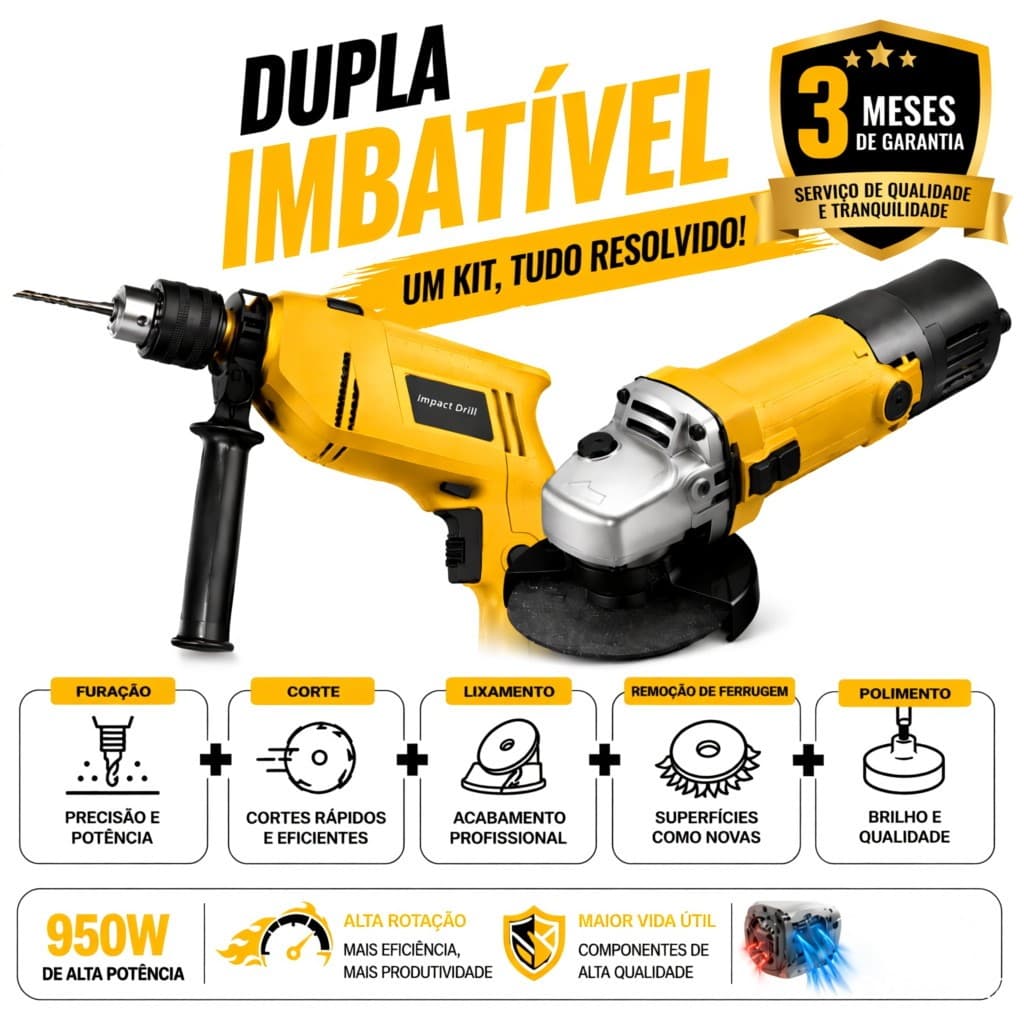 Kit Ferramentas 2 em 1 Furadeira 950W + Esmerilhadeira 950W Profissional com Motor de Cobre