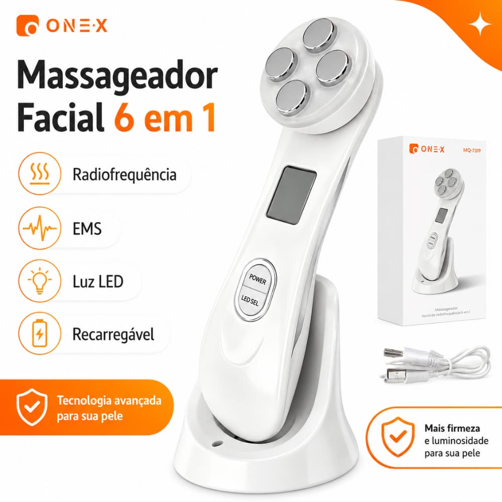 Massageador Facial 6 em 1 com Radiofrequência EMS Luz LED Recarregável para Cuidados com a Pele em Casa