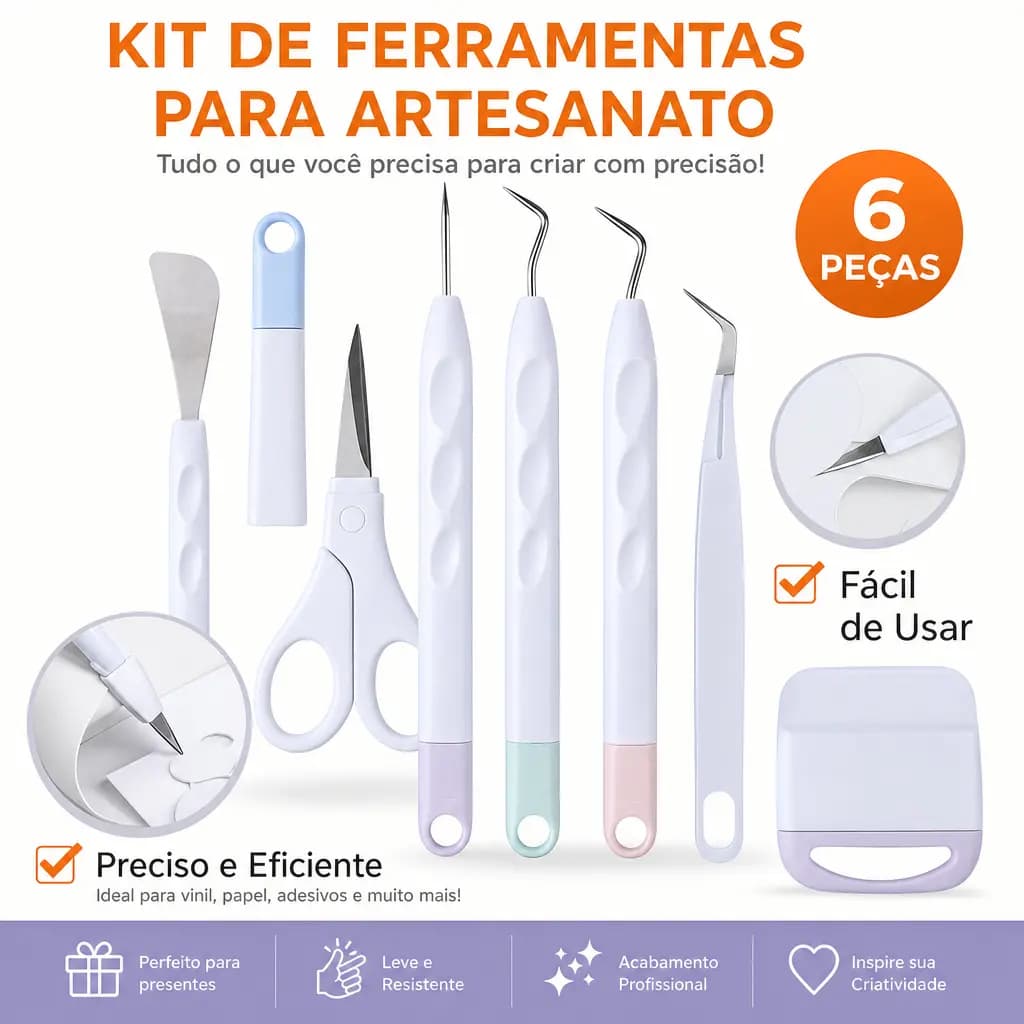 Kit 6 Ferramentas Vinil Cricut Silhouette Pinça, Raspador, Tesoura DIY Artesanato Manual
