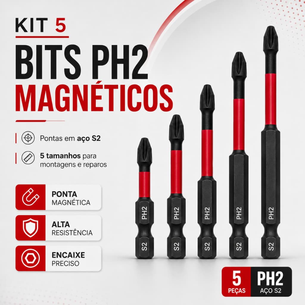 Kit 5 Bits PH2 Ponteira Phillips Magnéticos Aço S2 Pontas Parafusadeira Furadeira 5 Tamanhos Alta Torção