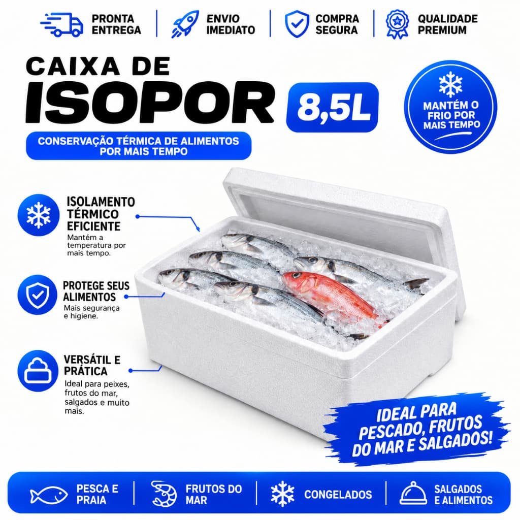 Caixa de Isopor Resistente 8,5 Lts Salgados Pescados E Frutos do Mar