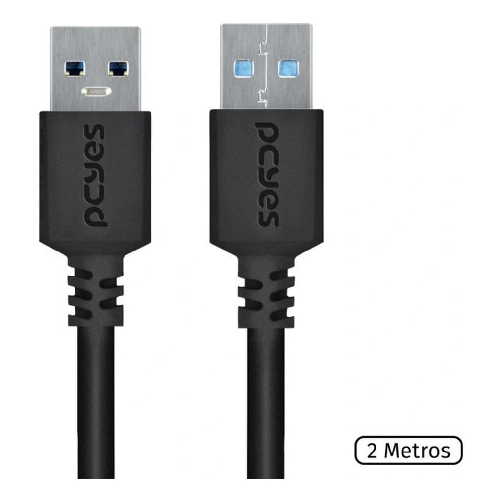 Cabo de Dados USB A 3.0 Macho para USB A 3.0 Macho Pcyes PUAM3-2 2 Metros 5Gbps 28AWG Cobre Puro Preto