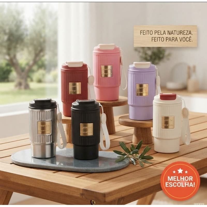 Copo Garrafa Térmico 520ml Café Chá Água Inox Com Tampa Anti Vazamento e Canudo Telescópio Alça Luxo