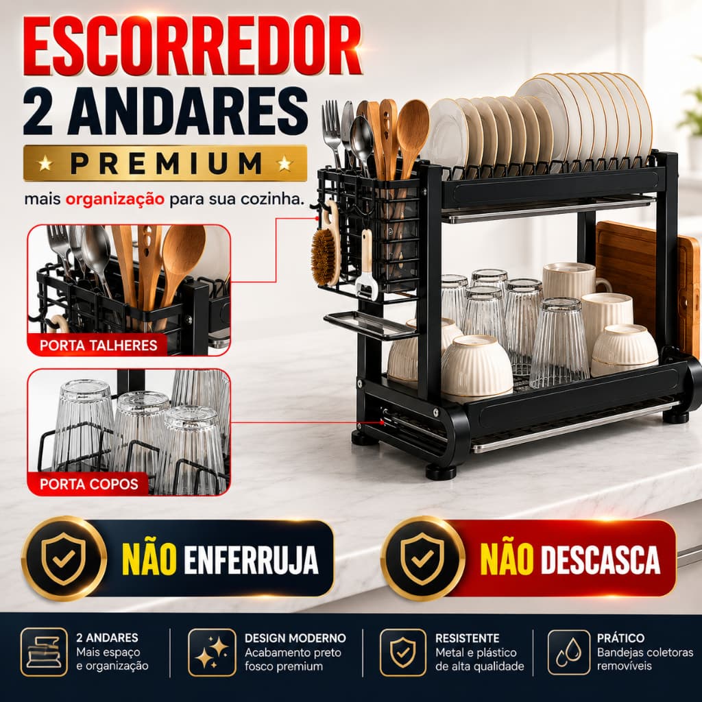 Escorredor Organizador de Louças 2 Andares Premium Preto