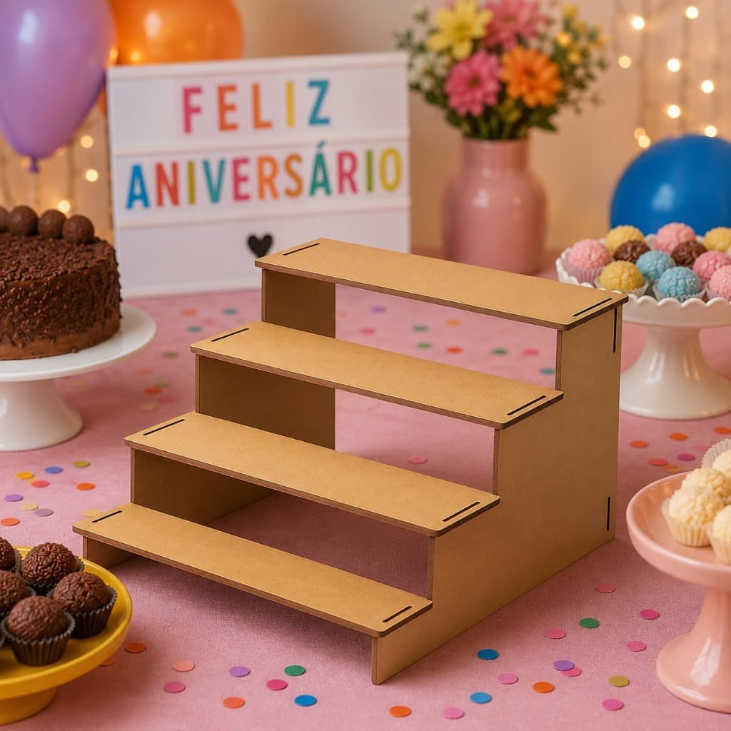 Mini Escada MDF Cru 4 Degraus para Doces e Decoração de Mesa – Expositor de Festa