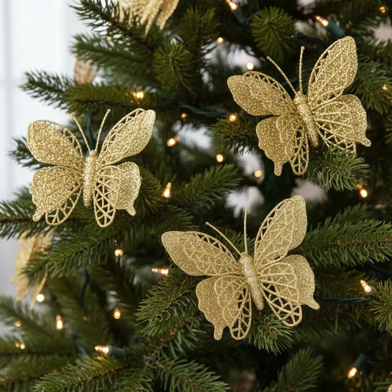 Kit 6 Borboletas 3D Enfeite 10 cm Com Glitter Para Árvore De Natal Decoração Natalina Luxo