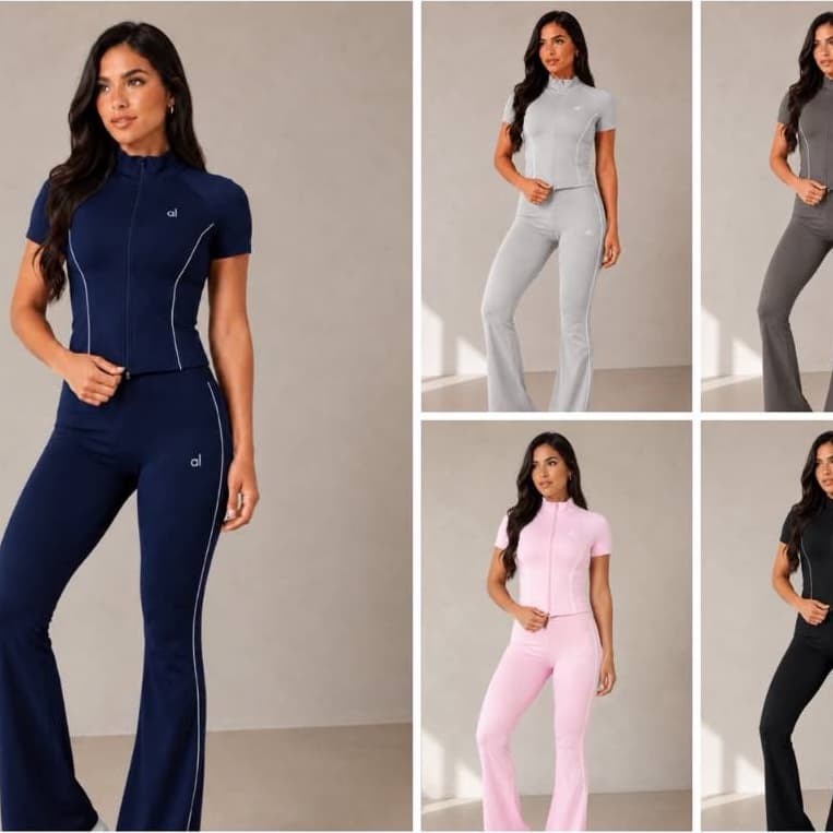 Conjunto Poliamida Fitness Feminino Calça Flare E Blusa Zíper Gola Alta Academia Suplex Gringa
