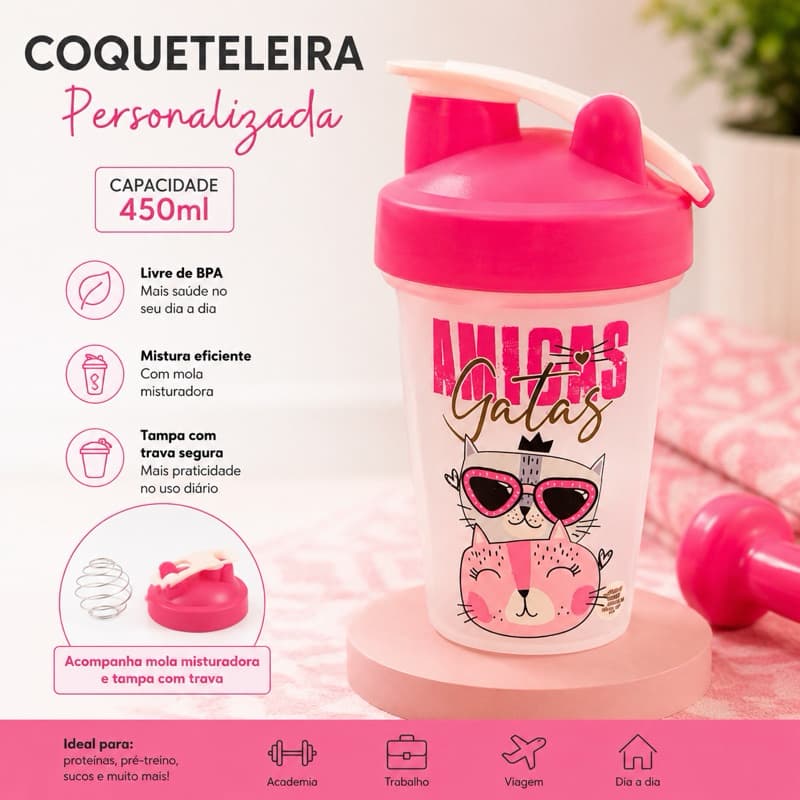 Coqueteleira Feminina 450ml com Mola Misturadora Tampa com Trava Gatinhas Rosa