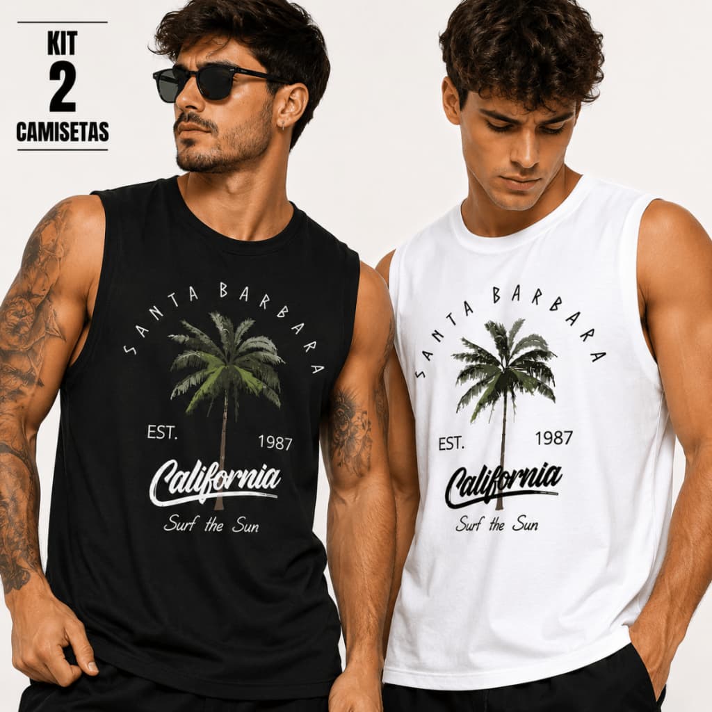 Kit 2 Regata Masculina Cavada Em Algodão Com Estampa Floral De Coqueiro California Santa Bárbara