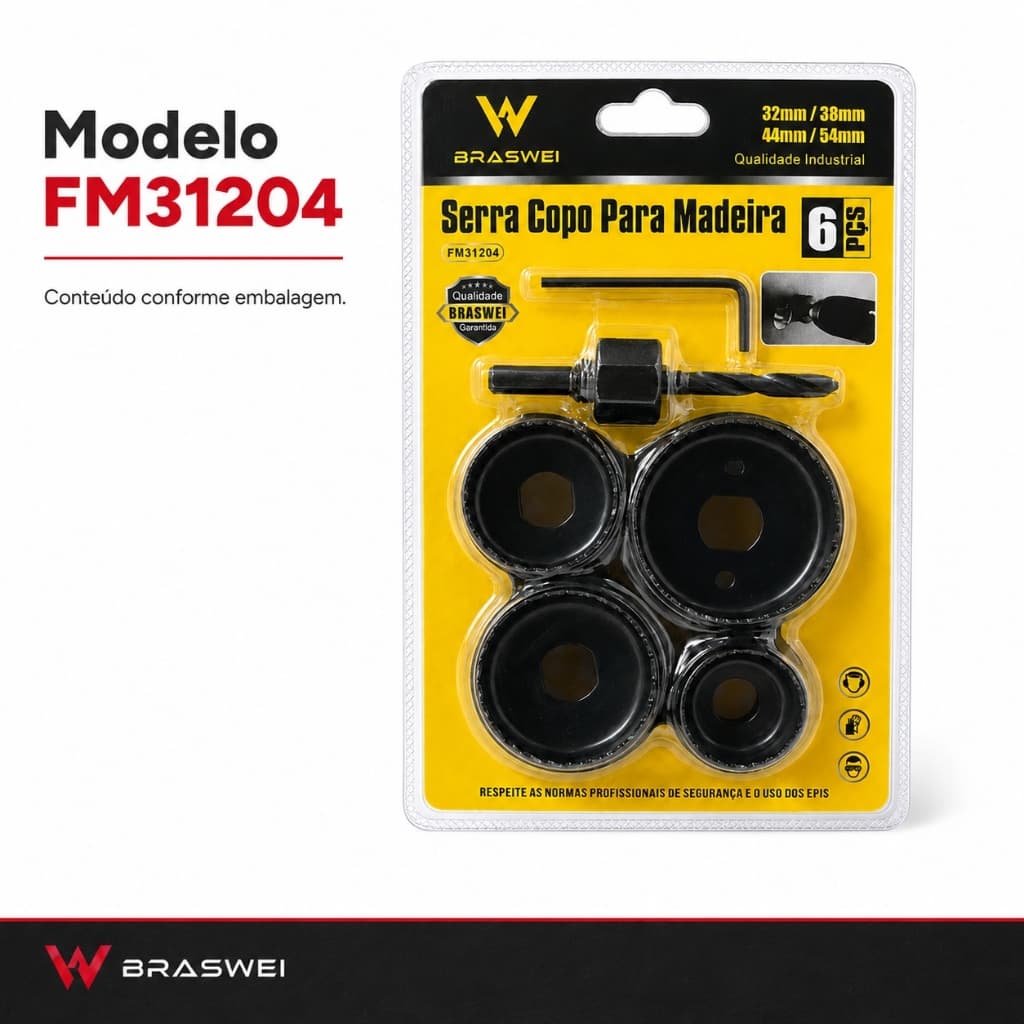 Jogo Serra Copo 6 Peças 32 38 44 54mm Para Madeira Furadeira Parafusadeira Broca Guia Chave Allen BRASWEI FM31204