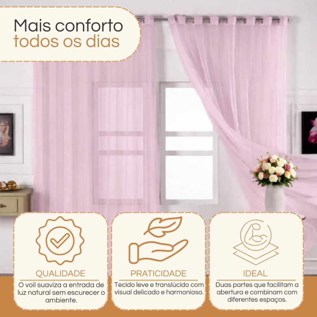 Cortina Voil Transparente 3,00x2,50m 2 Partes Ilhós Cromado Varão 28mm Sala Quarto 100% Poliéster Leve