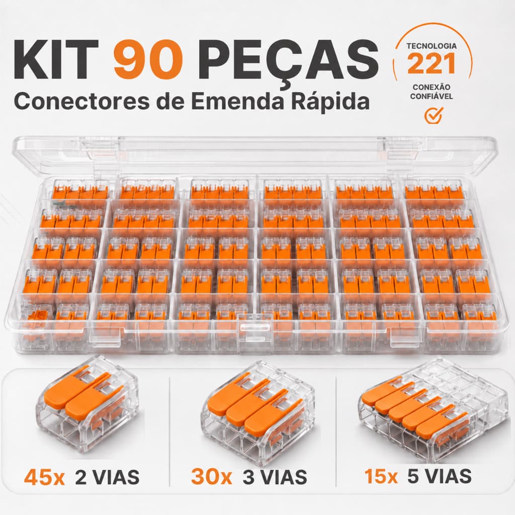 Kit 90 Peças Conector Elétrico Compacto Emenda Rápida Terminal Série 221 Fios 4mm 5 vias Alavanca Derivação Chuveiro