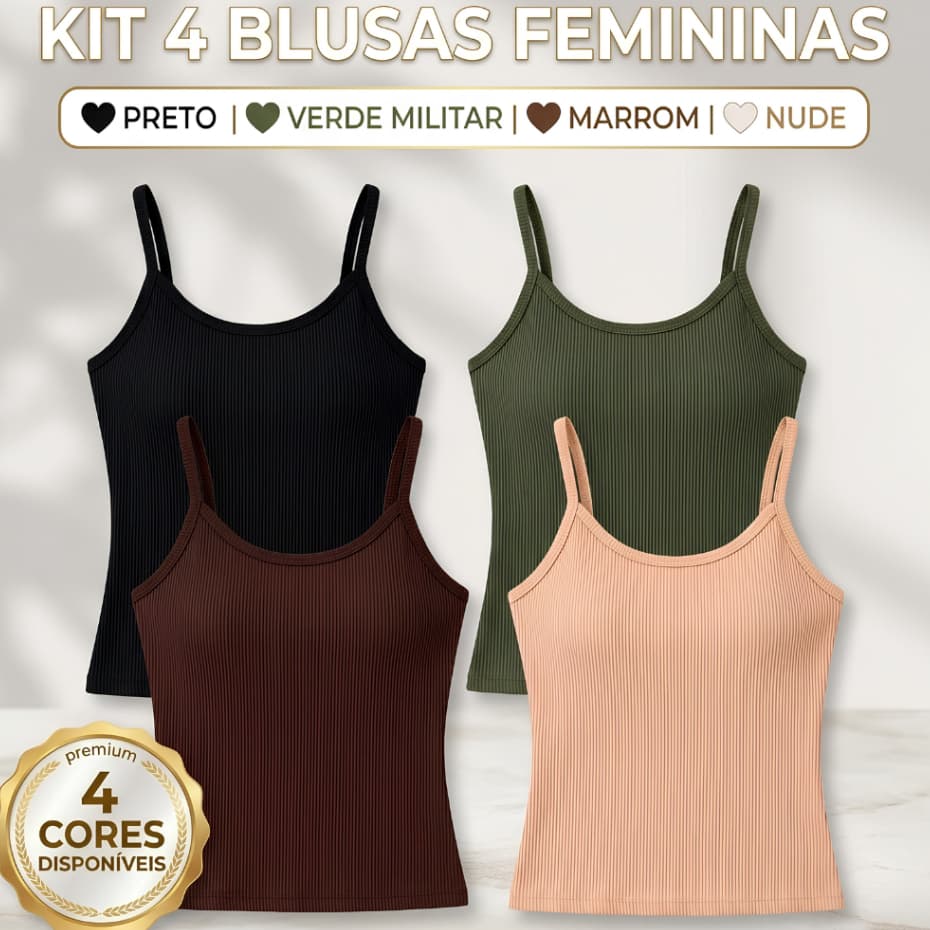 Kit 4 Blusas Regata Femininas Caneladas com Bojo Removível Alça Fina Premium