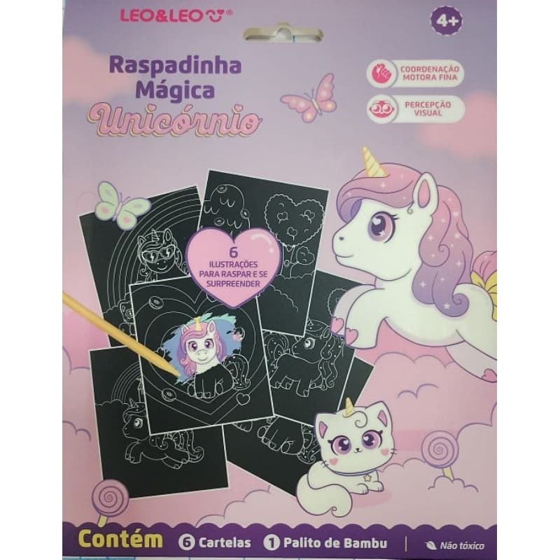 Kit 6 cartelas Raspadinha Mágica Unicórnio Infantil Leo&Leo 6 Cartelas + Palito de Bambu