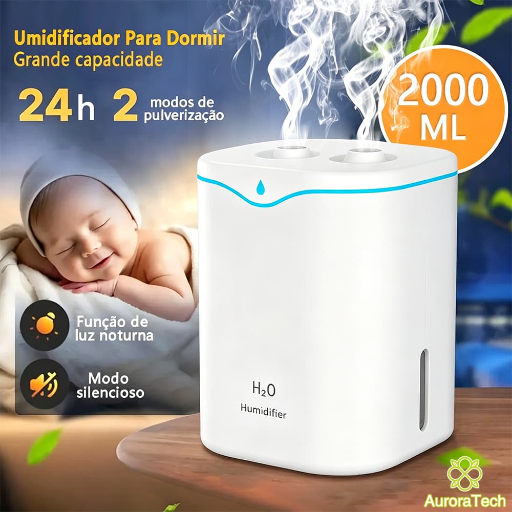 Umidificador De Ar Com Bico Duplo 2000ml Ultrassônico Difusor Aromatizador Usb Led Para Quarto