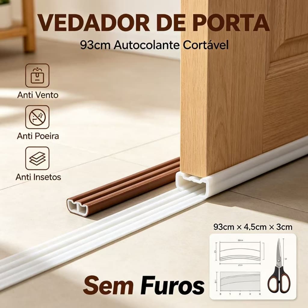Vedador de Porta Inferior 93cm, Fita Vedadora Anti Vento Poeira Insetos, Isolante Acústico Cortável para Portas