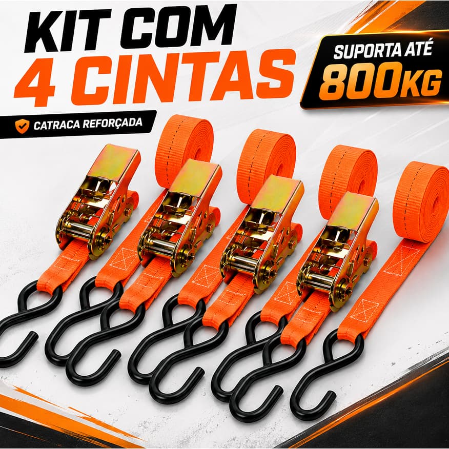 Kit 4 Cintas de Amarração com Catraca Reforçada 800kg 3m x 25mm Gancho S para Moto Carro Carga Transporte