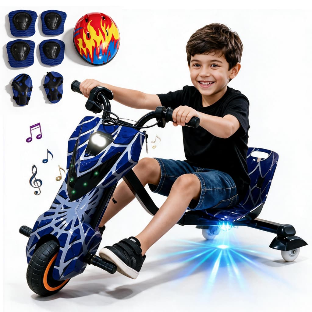 Triciclo Elétrico Infantil Drift Car, 250W 3 Velocidades até 15 km/h, Música Bluetooth, Luzes LED, Comprimento Ajustável