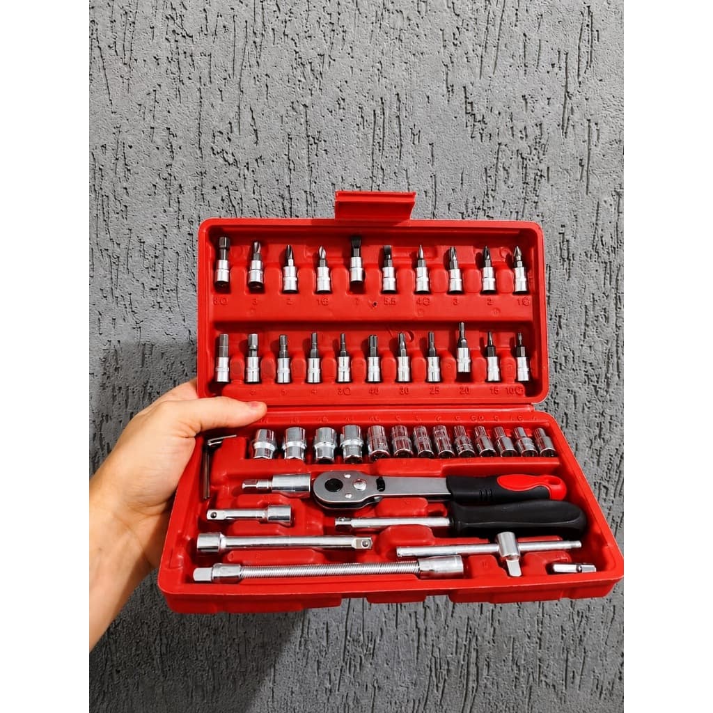 Kit De Ferramentas 46 Peças Jogo Soquetes Chave Catraca Reversível Maleta Jogo Ferramentas Completo