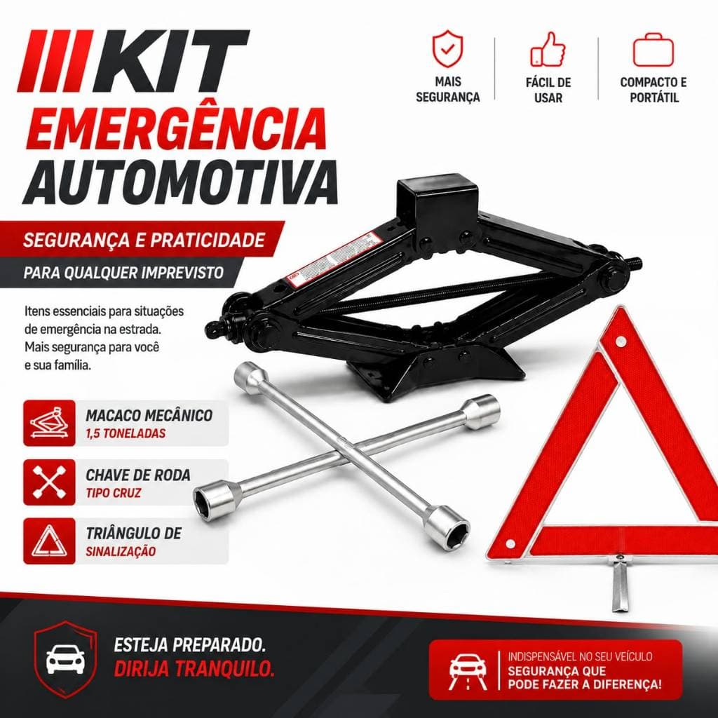 Kit Automotivo 3 Peças com Macaco Mecânico Sanfona 1,5 Toneladas + Chave de Roda Cruz + Triângulo LED de Sinalização
