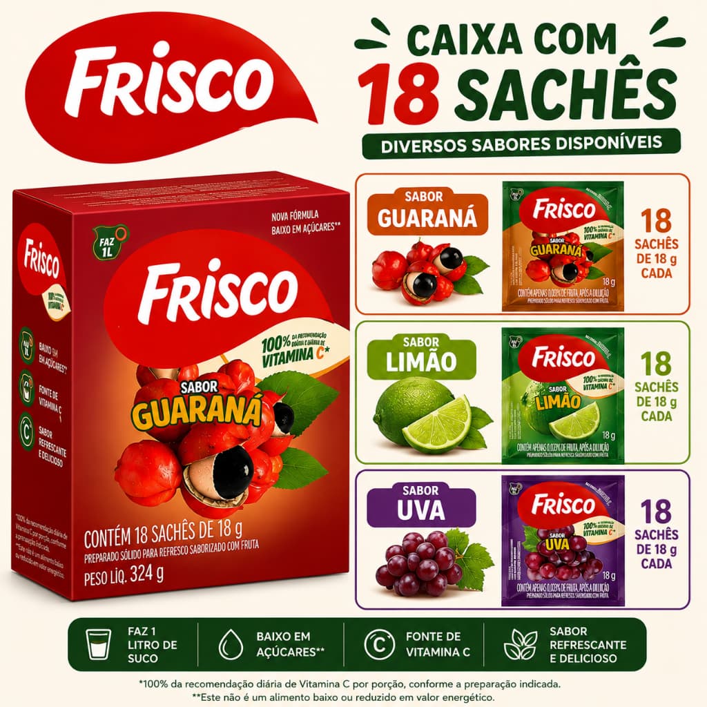 Caixa Fechada de Suco Frisco com 18 Saches de 18g Cada - Guaraná, Uva e Limão.