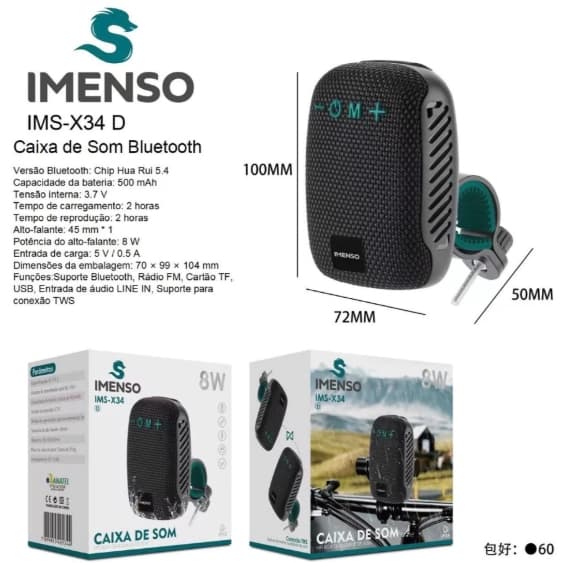 Caixa de Som Imenso Original com Suporte para Bicicleta e Moto Função TWS Bluetooth IMS-X34D