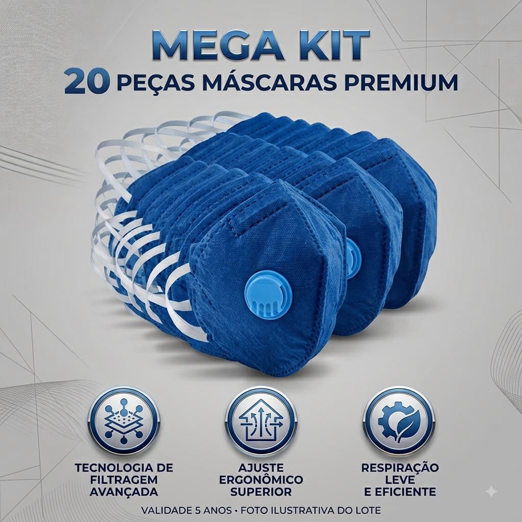 Kit 20 Máscara descartável PFF2-S com Válvula tripla camada Ajuste por elástico presilha semifacial
