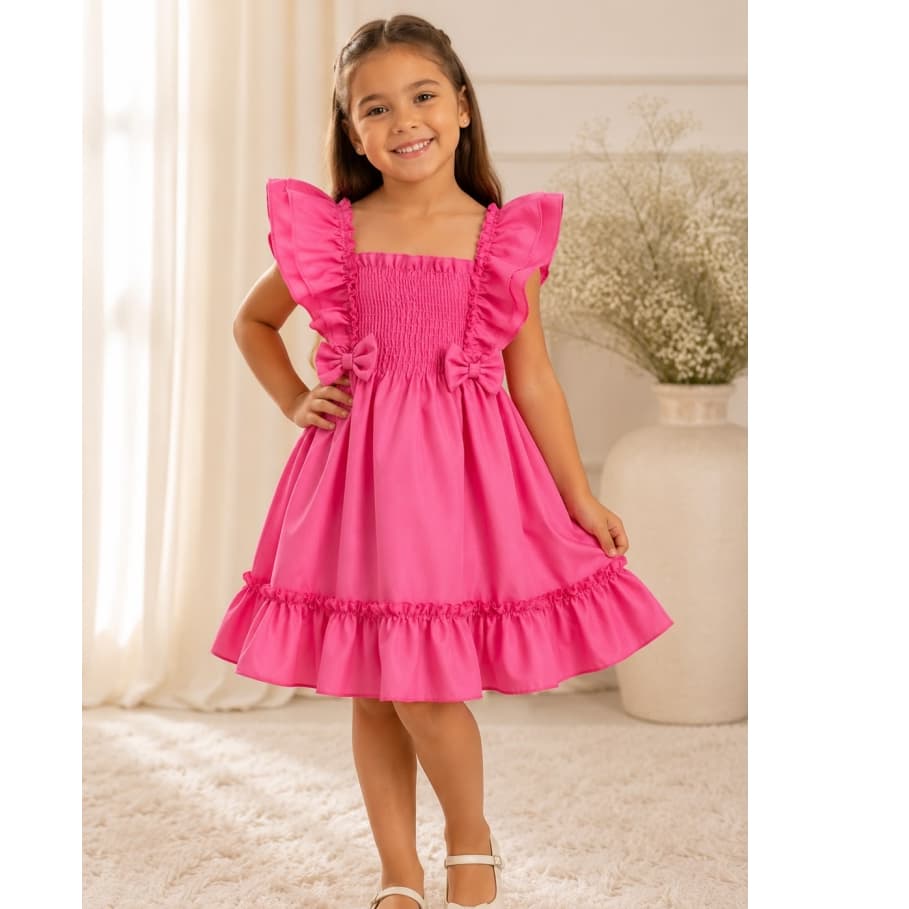 Vestido Infantil, Princesa,Menina ,Liso ,Alça Babado, Laço ,Lastex, Festa ,Passeio, De 2 a 8 anos