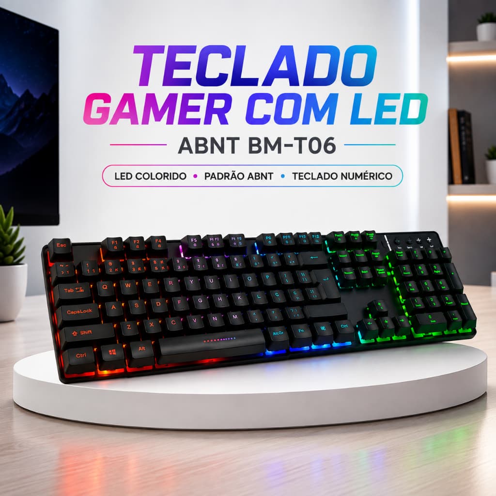 Teclado Gamer com LED RGB ABNT BM-T06 USB com Fio Teclado Numérico Iluminado para PC Notebook Jogos e Escritório
