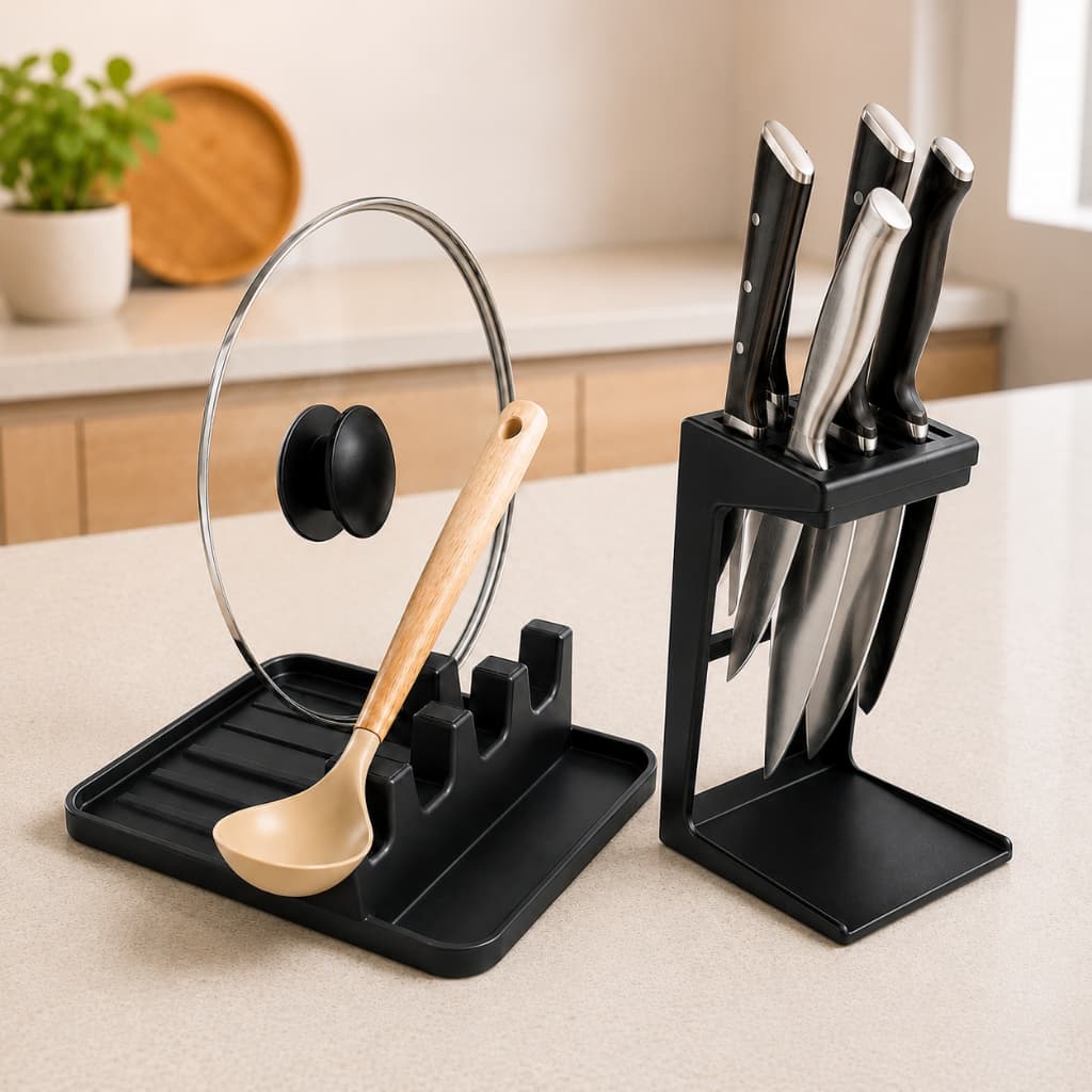 Kit Organizador de Cozinha Porta Facas + Suporte para Colher e Tampa de Panela Bancada
