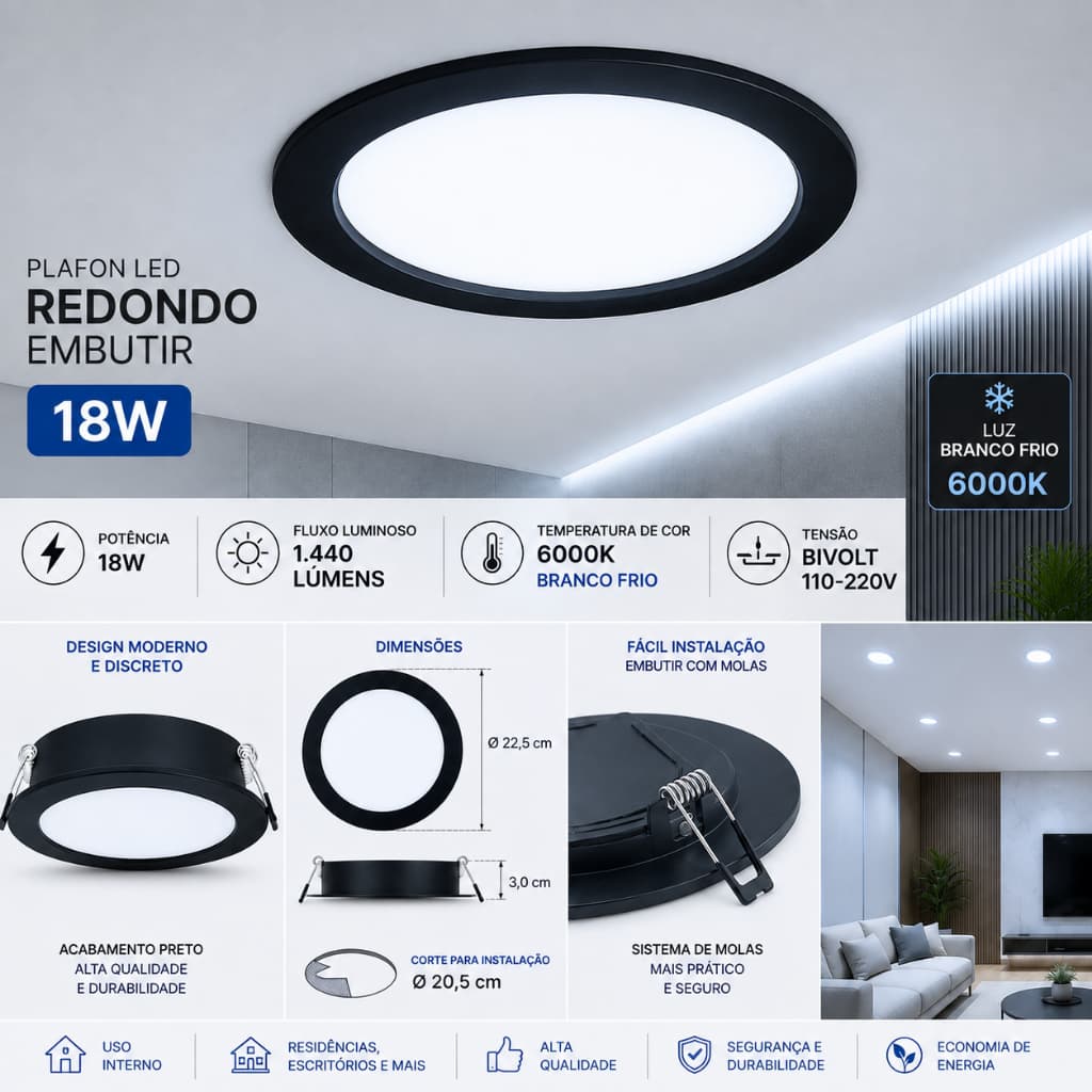 Kit Plafon Preto Redondo de Embutir Branco Frio 6000K Mayler