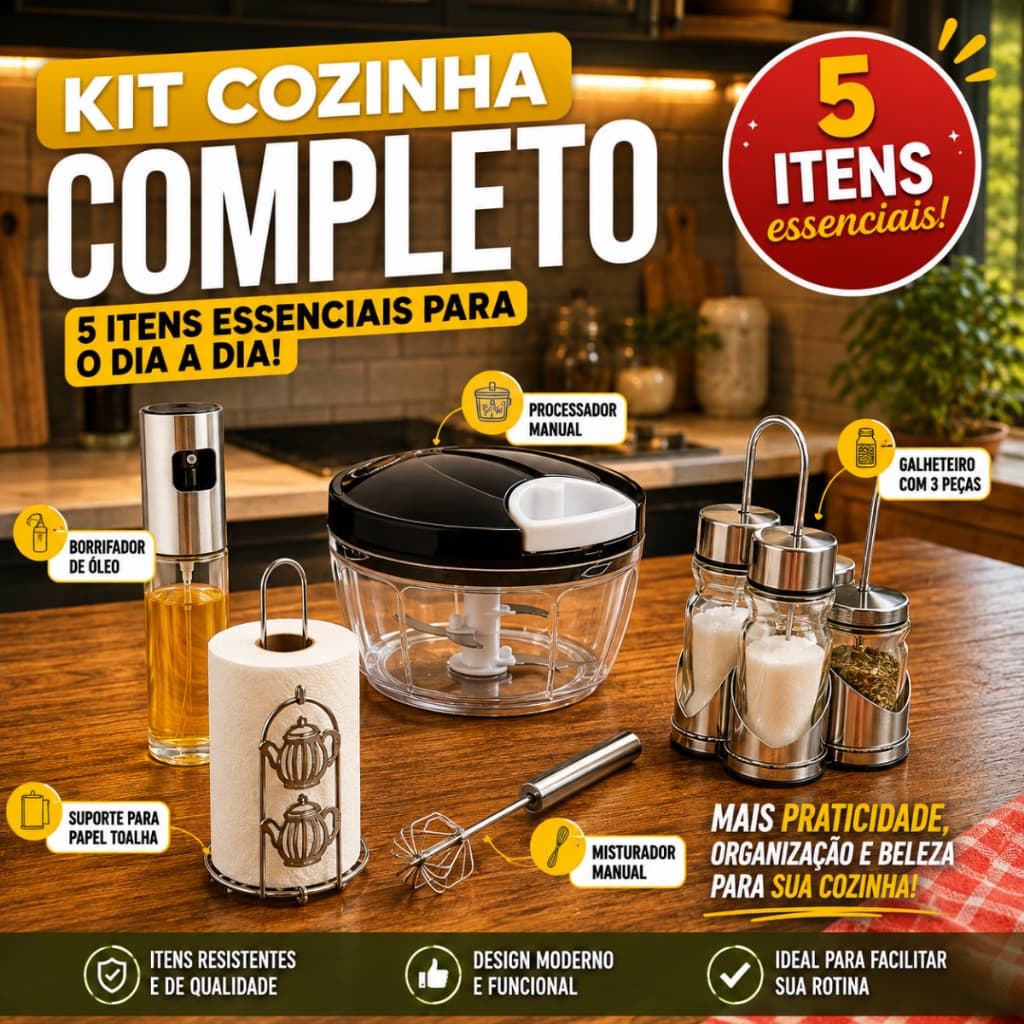 Kit Cozinha 5 Peças Processador Manual + Spray Borrifador + Batedor Semi Automático + Galheteiro + Porta Papel Toalha