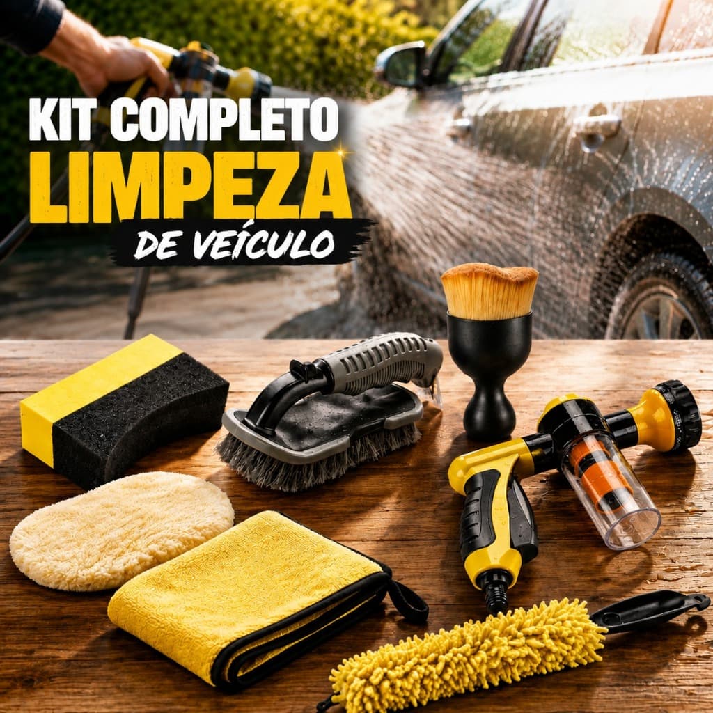 Kit Limpeza Automotiva 7 Peças Esguicho Mangueira 8 Em 1 + Escova+ Esfregão Rodas + Luva Polimento + Pincel p Acabamento