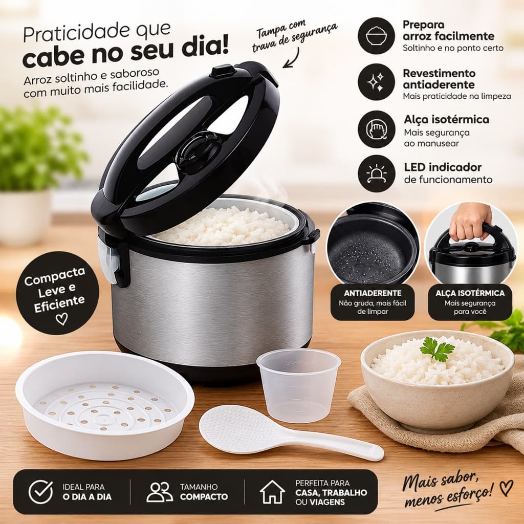 Panela Elétrica de Arroz e Legumes 6 Xícaras Antiaderente 400W Arrozeira Inox Agratto 127V