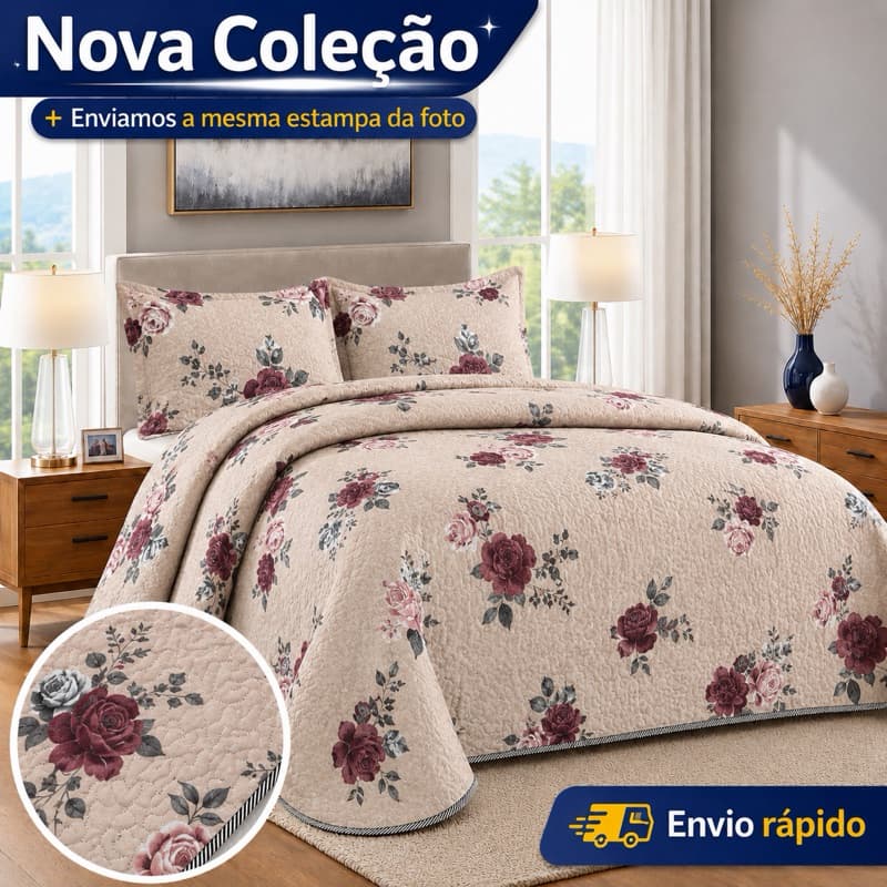 Colcha Cobre Leito Queen Dupla Face Estampado Matelado Kit 3 Peças Metalasse Confortável 2,40x2,60