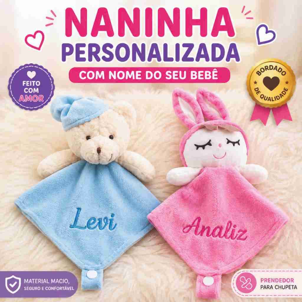 Naninha Personalizada com Nome Bebê | Paninho de Apego Infantil com Bichinho | Prendedor de Chupeta | Presente Bebê