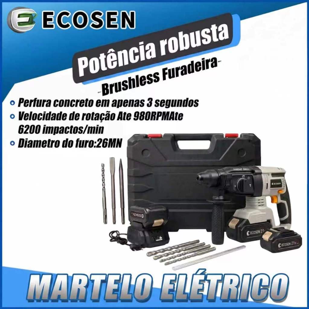 Martelo Elétrico Recarregável 2 Bateria 21V 15000mAh Fenda de Impacto ECOSEN PRO Versão Forte