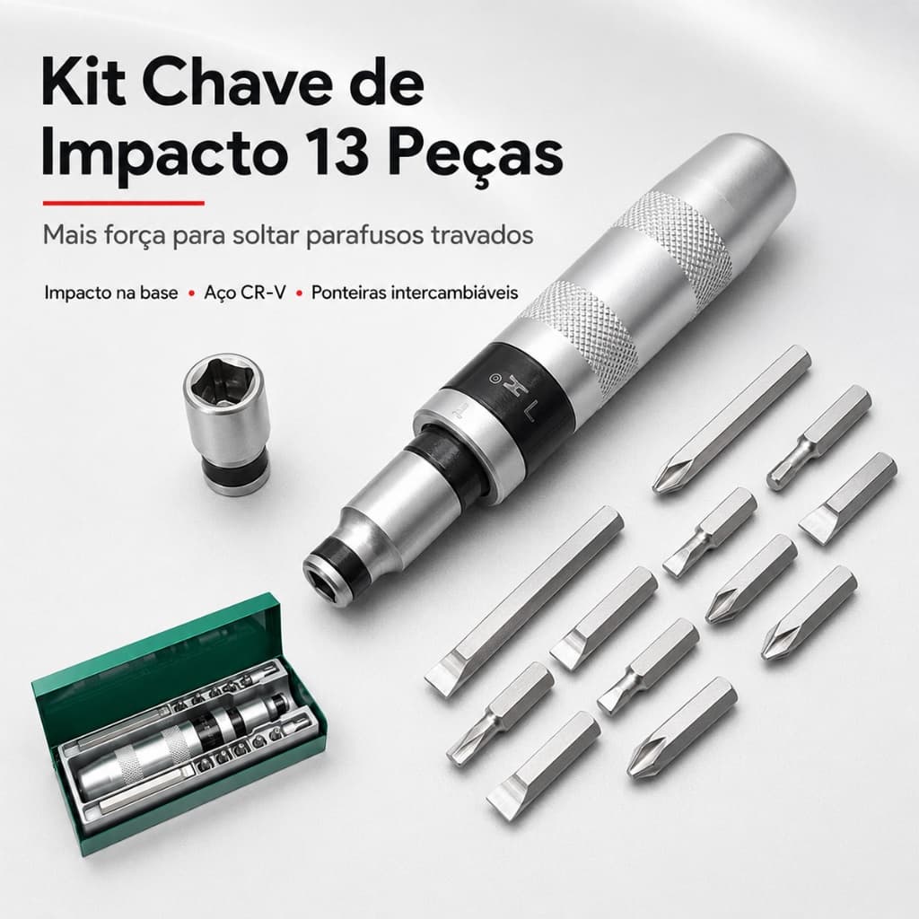 Kit Chave de Fenda de Impacto 13 Peças Aço CR‑V Solta Parafuso Travado Enferrujado