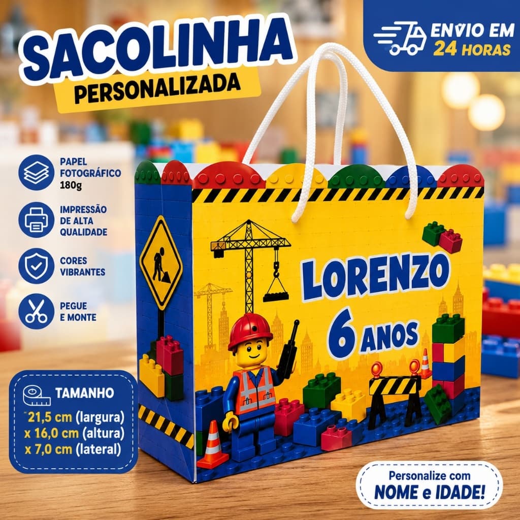 Kit Sacolinha Personalizada Grande - LEGO CONSTRUTOR - Lembrancinha Festa Infantil Aniversário