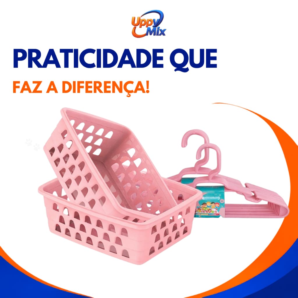 Kit 10 Cestos Organizador Rosa + 20 Cabide Infantil Rosa