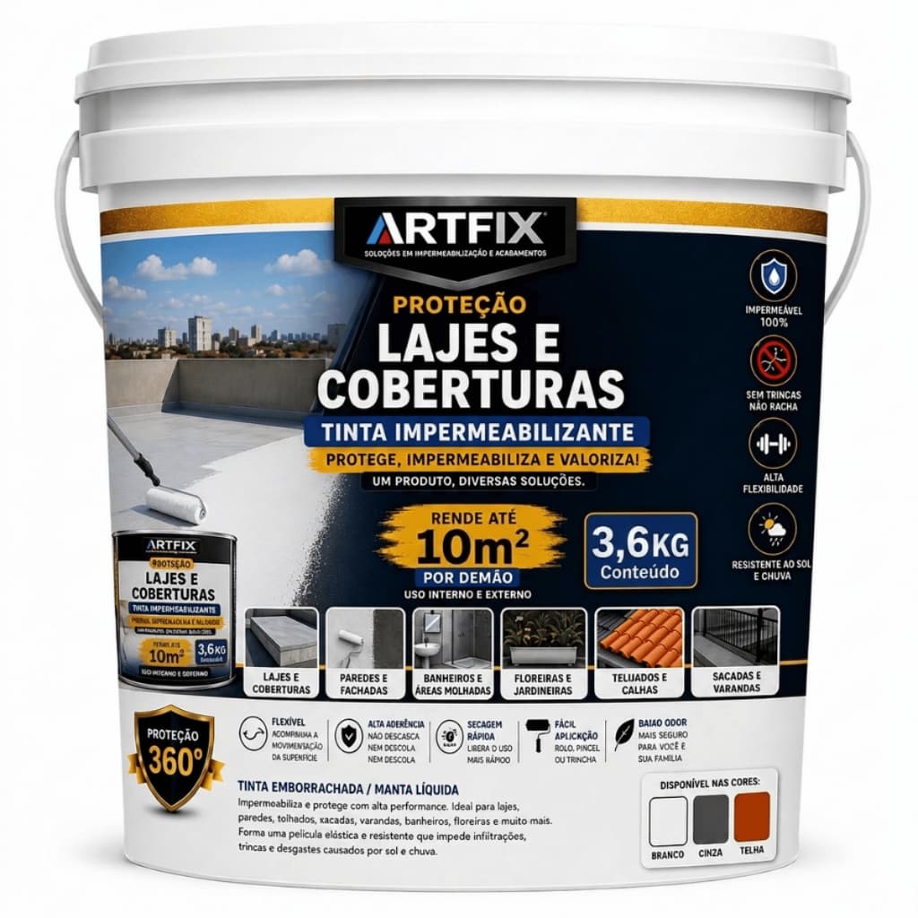 Impermeabilizante Líquido Acrílico Artfix 3,6Kg Impermeabilização de Telhados Membrana Emborrachada