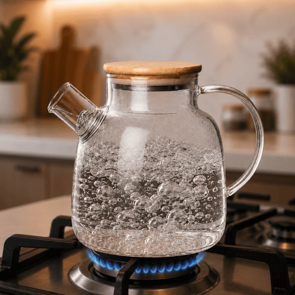 Chaleira Vidro Borossilicato 1,8 Litros Resistente ao Calor com Tampa de Bambu Design Moderno
