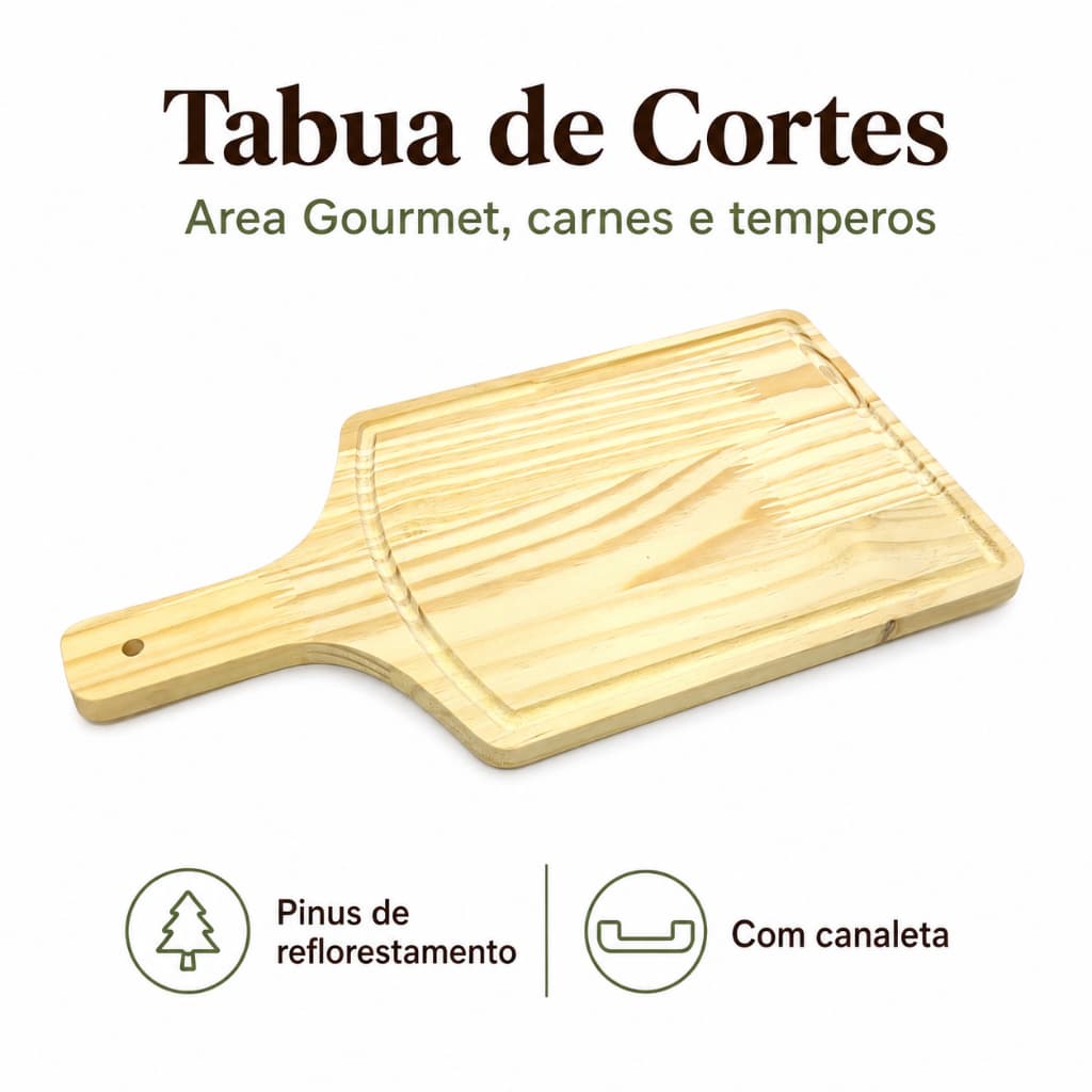 Tábua de Corte Gourmet Madeira Pinus com Canaleta Carne Legumes