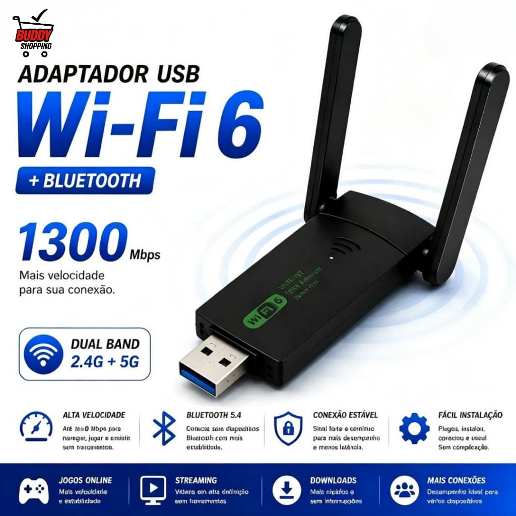 Adaptador Wi-Fi 6 USB Dual Band 5GHz 1300Mbps + Bluetooth 5.4 Duas Antenas PC Notebook