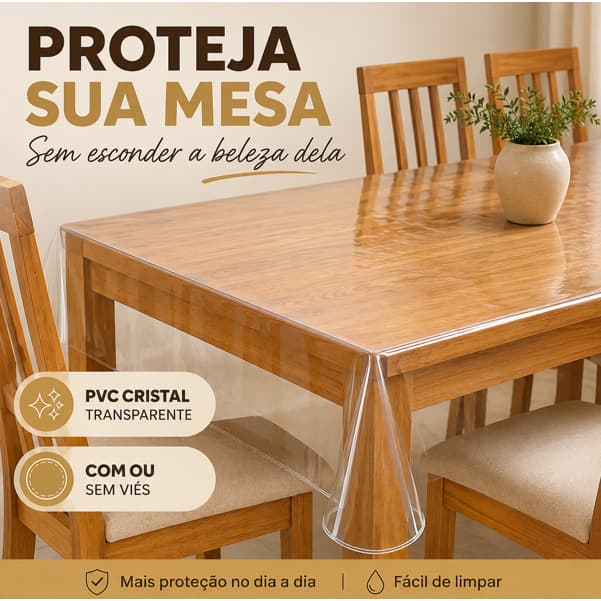 Protetor de Mesa PVC Cristal Transparente 0,07  – 4, 6, 8 e 10 Lugares