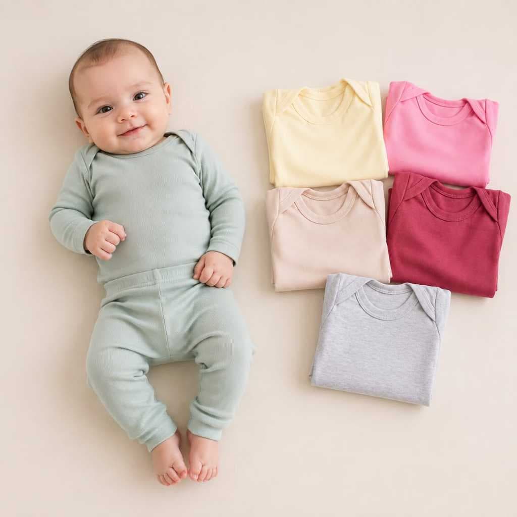 Kit 6 Peças Conjunto Body canelado manga longa + Mijão Liso Canelado Bebê Infantil RN
