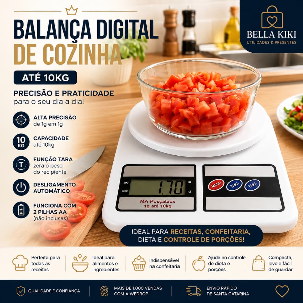 Balança Digital de Cozinha 10kg Alta Precisão 1g para Alimentos Dieta Confeitaria Receitas