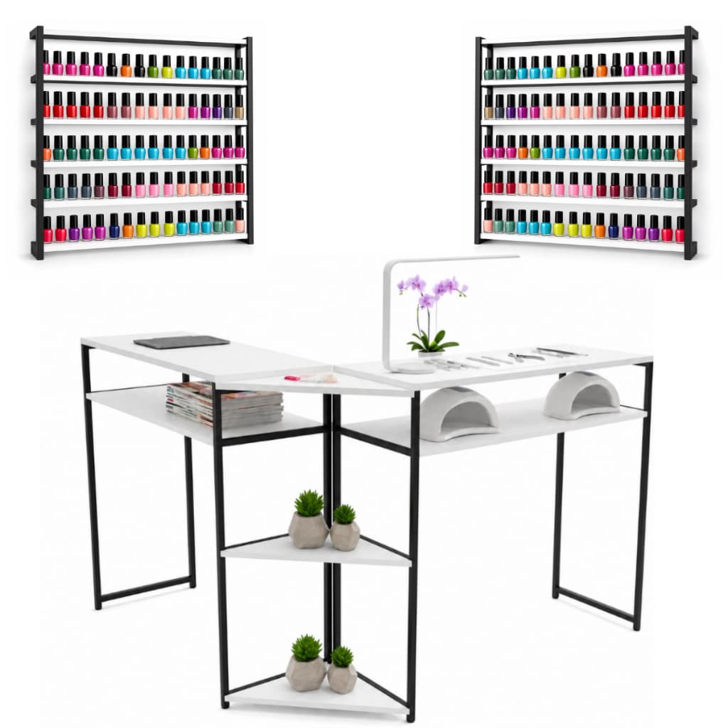 Kit Mesa L Em Metalon Indutrial Buffet Moderno Dourado + 2 Esmalteria Parede Perfume Esmaltes Grande