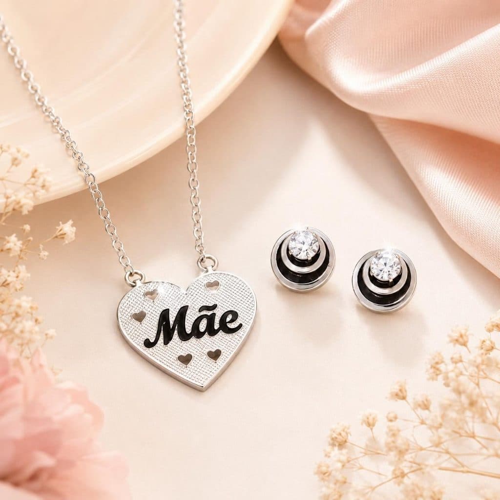 Kit Colar e Brinco Mãe Feminino Aço Inox Pingente Coração